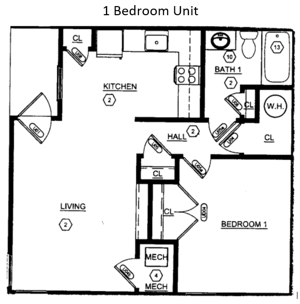 Floor plan for 1 bed, 1 bath